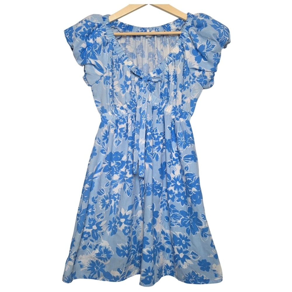 Sienna Sky Floral Print Flutter Sleeve Empire Waist Blue White Mini Dress Size S